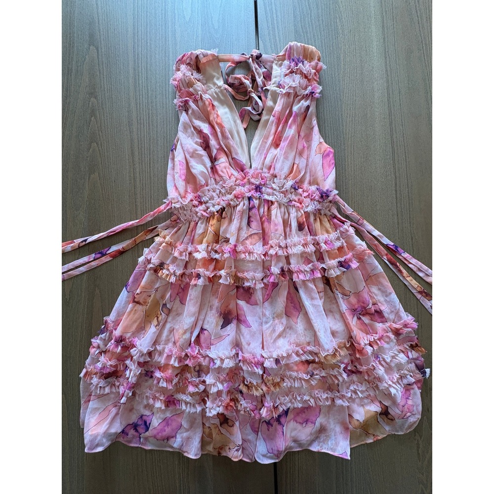 Parker Pink Floral Ruffle Tiered Mini Dress V-Neck Sleeveless Size M
